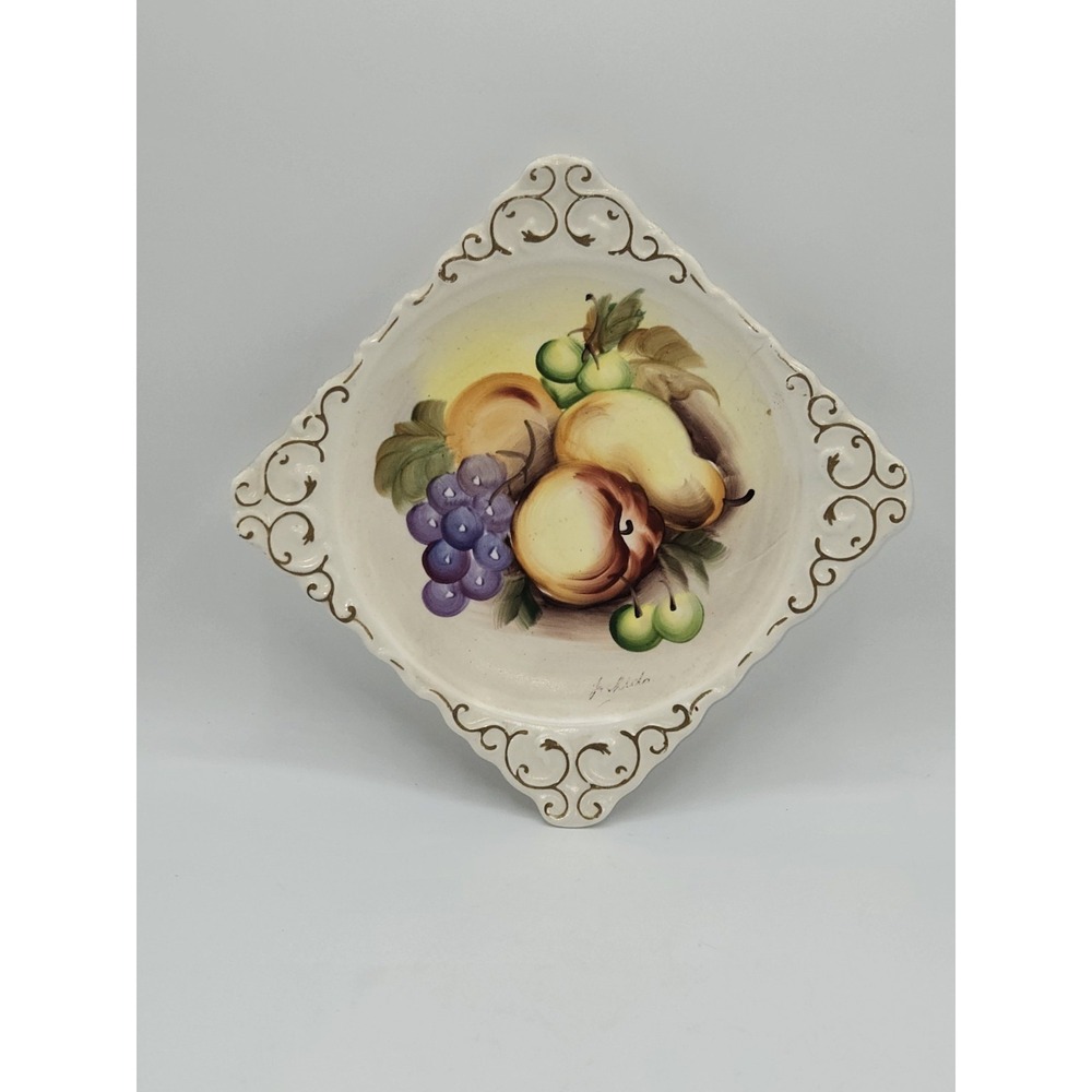 Vintage Enesco Japan Hand Painted Fruit Wall Plate Gold Scroll Diamond Shape